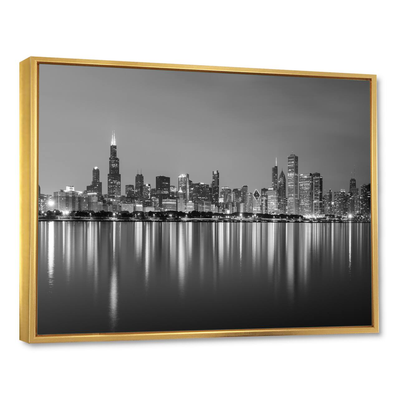 Designart - Chicago Skyline at Night Black and White - Cityscape Framed Canvas Print